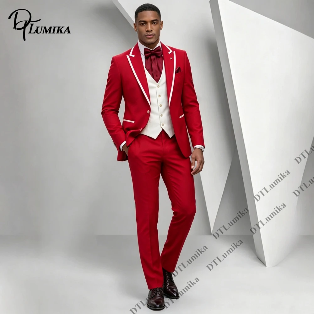 Men's 3 Piece Suit Bright Red with Ivory Contrast Vest White Piping Trim Slim Fit Wedding Groom Prom Party Valentine Tuxedo
