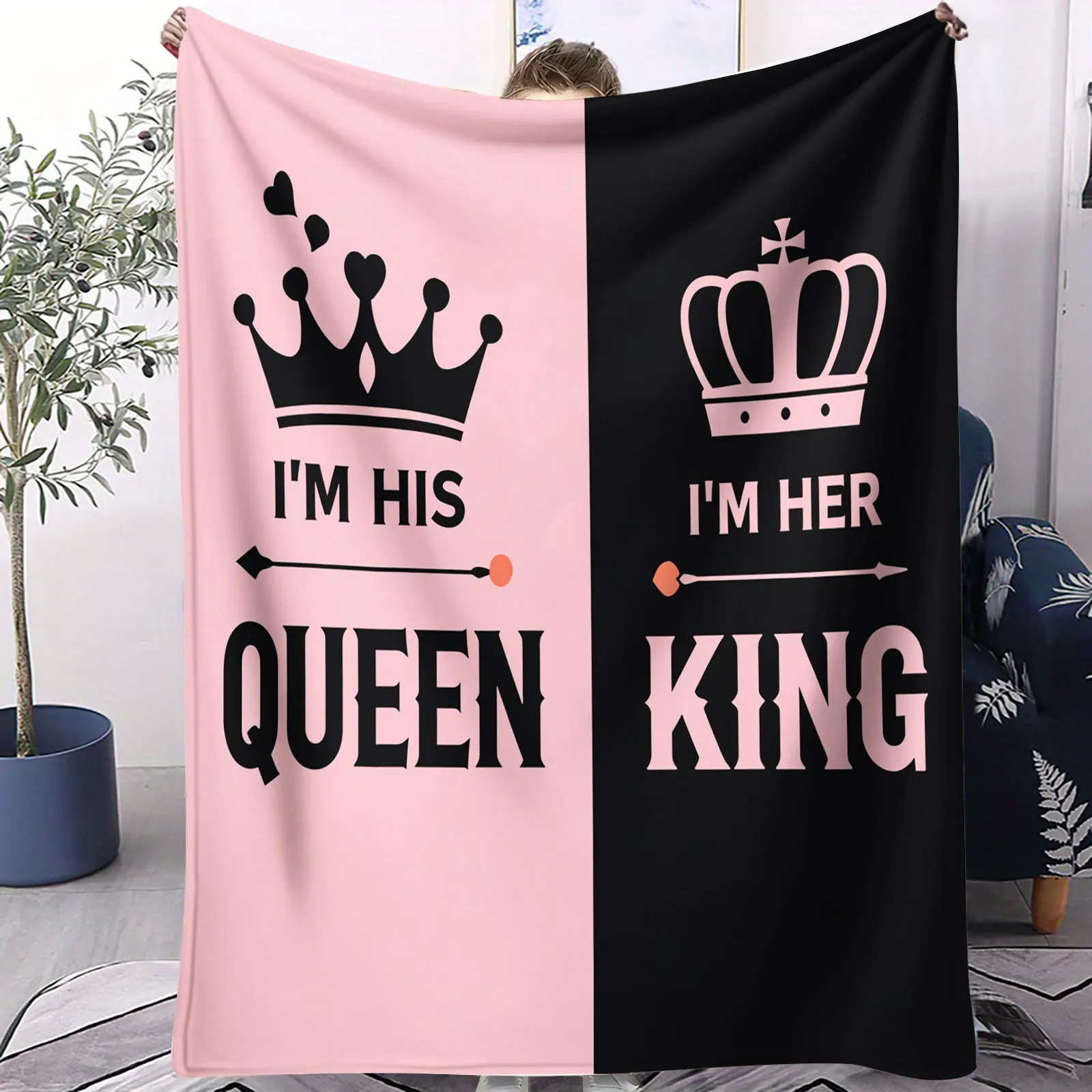 بطانية من الفلانيل على شكل قلب الحب بتصميم الملك الملك الملكة الملونة، بطانية متعددة الوظائف لسرير الأريكة والسفر، هدية مثالية للأزواج