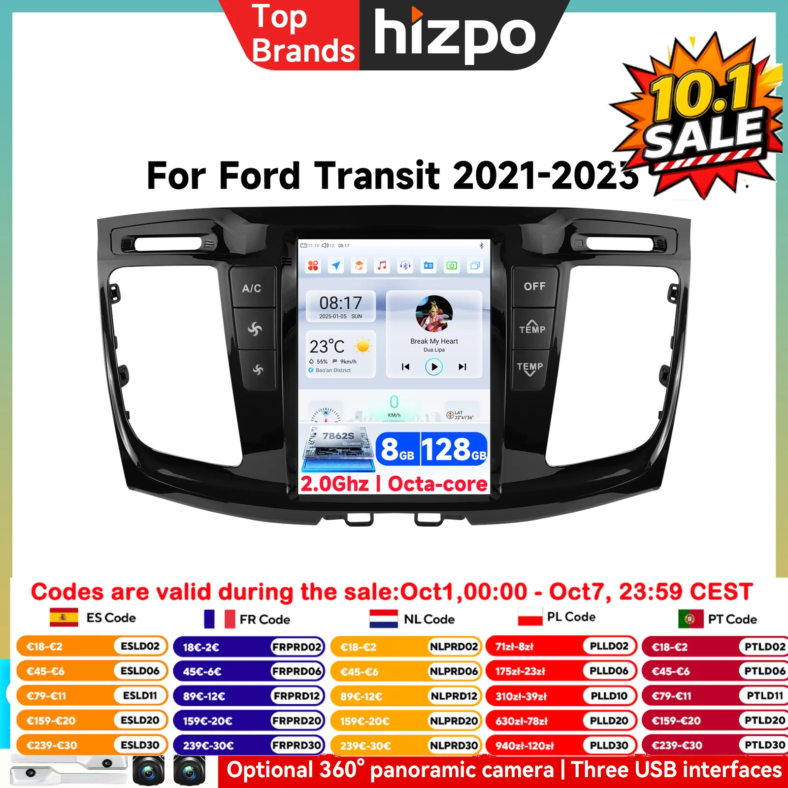 Autoradio Android per Ford Transit Custom 2021-2023, Lettore Multimediale con Carplay, Navigazione GPS, Wi-Fi 4G, Video, Stereo, Unità Principale 2din