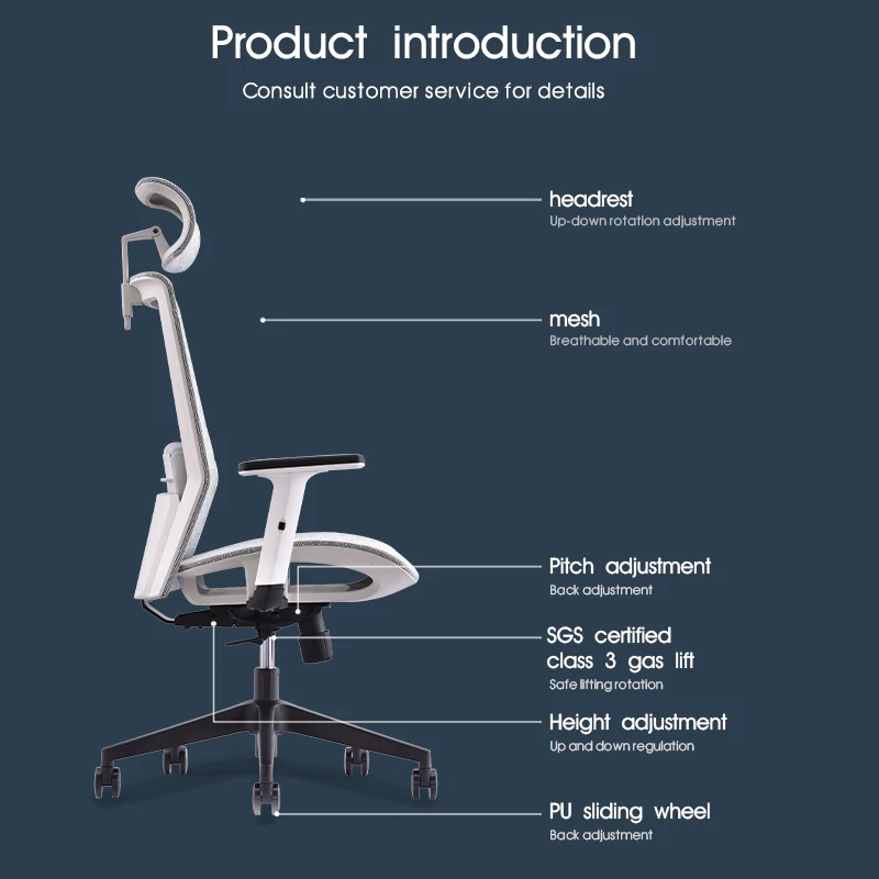 High Back Mesh Fabric Swivel Computer Desk Chair Luxury Ergonomic Executive Commercial Office Chairs with Headrest Modern