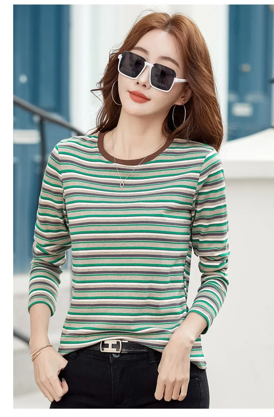 2024 neue Damen bekleidung Rundhals ausschnitt gestreiftes Unterhemd Frühling und Herbst Langarm Tops T-Shirt lose Innen lässig Top – Detail 11