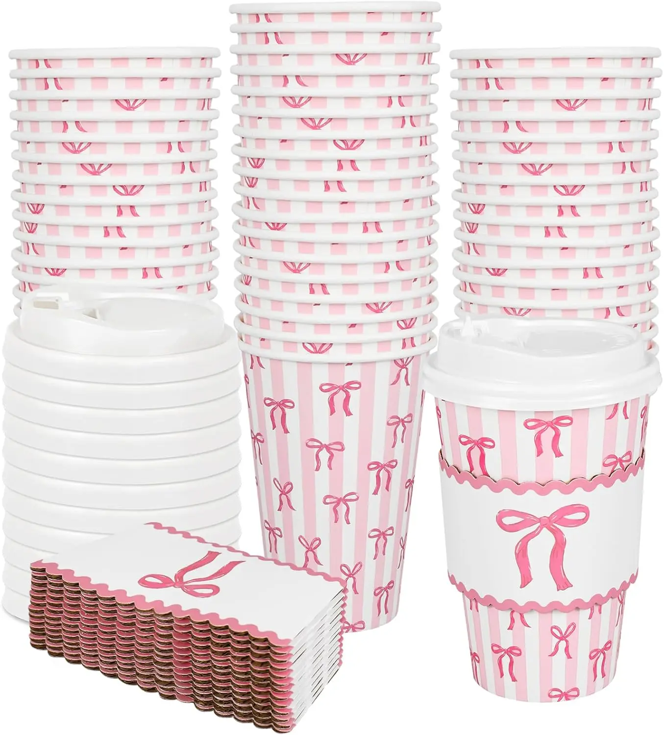 

50 Sets Pink Bow Coffee Cups with Lids and Sleeves 16oz Striped Bowknot Paper Cups Disposable To Go Coffee Cups for Wedd