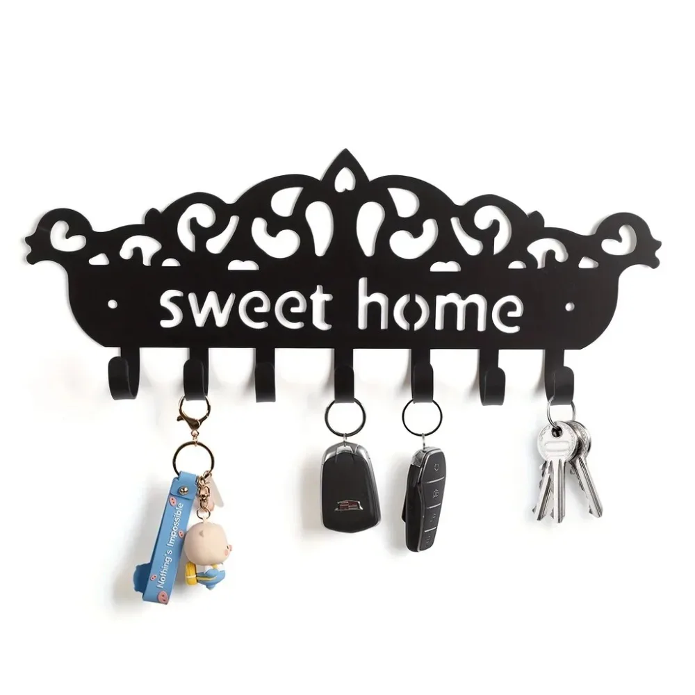 Wall Mounted Key Organizer - Black Metal Key Holder with Decorative Storage Hooks