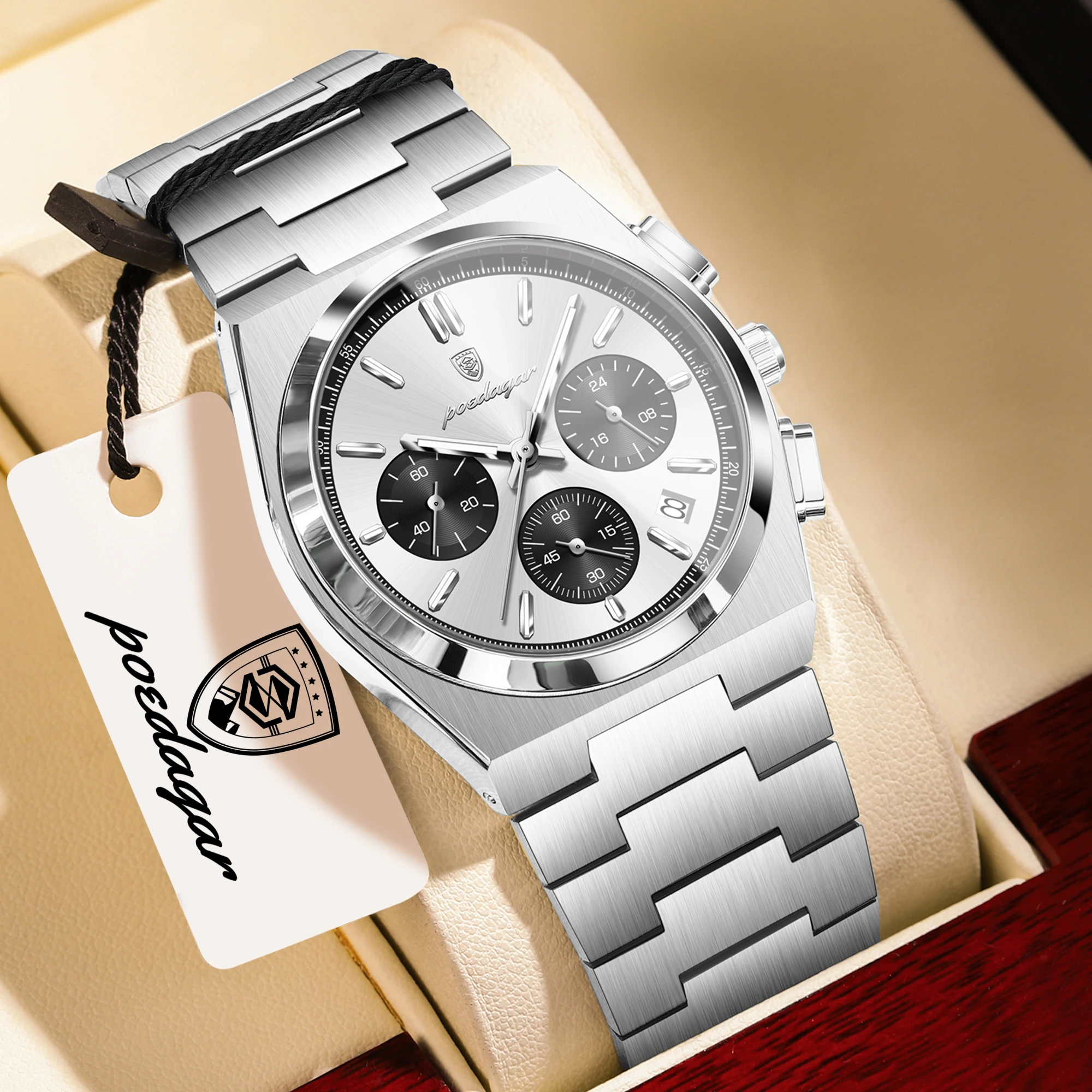 POEDAGAR Top Business Men's Watch Chronograph Date Stainless Steel Classic Man Clock Waterproof Luminous Quartz Watches For Men