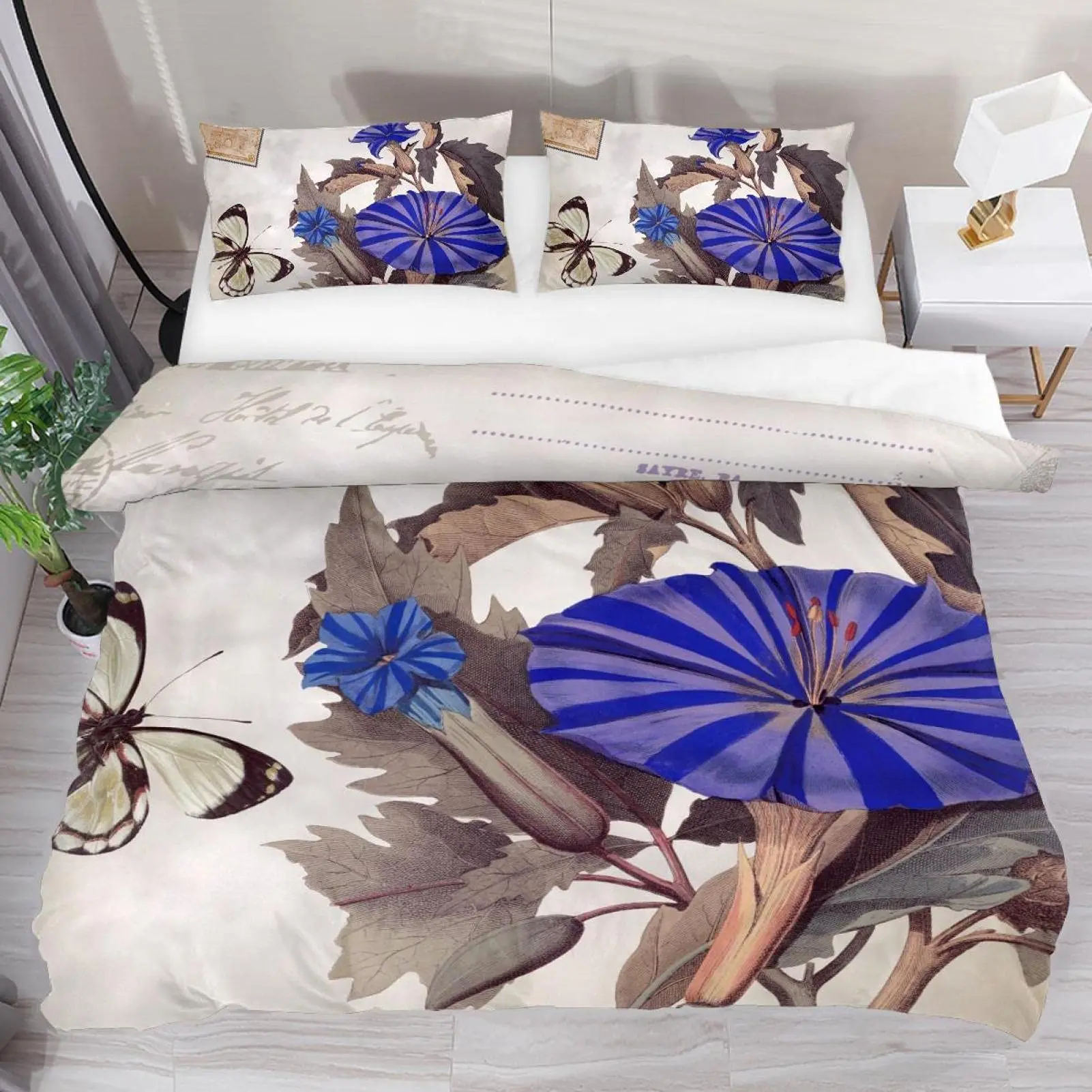 Morning Glory Duvet Cover for Girls Women,Purple Floral with Branch Quilt Cover Set King/Queen Size with Two Pillowcases,White