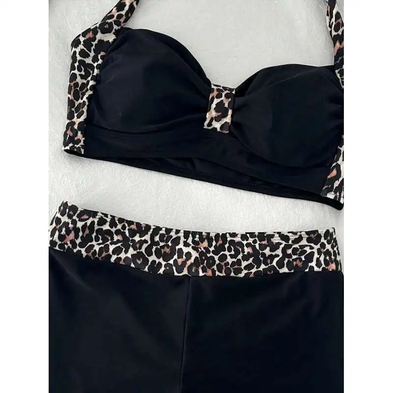 JEWELRY SEN Women 2‑Piece High Waist Bikini Set Leopard Splice Halter Twist‑Front Top Boyshort Swim Bottom Summer Beach Suit