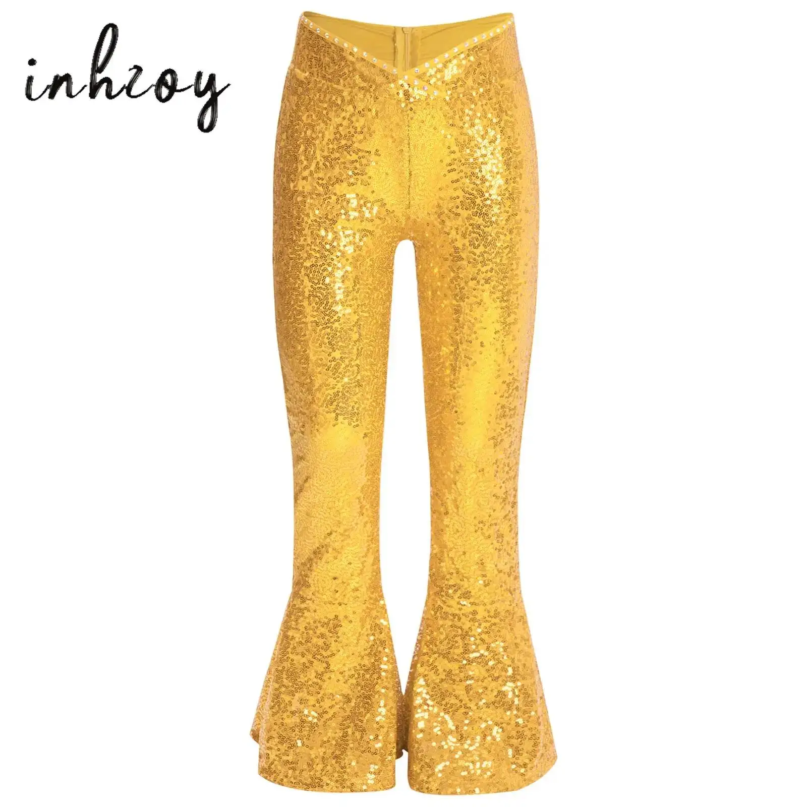 

Kids Girls Dance Pants V-Front Waistline Rhinestones Sequin Zipper Flared Pants for Jazz Latin Dance Performance Competition New