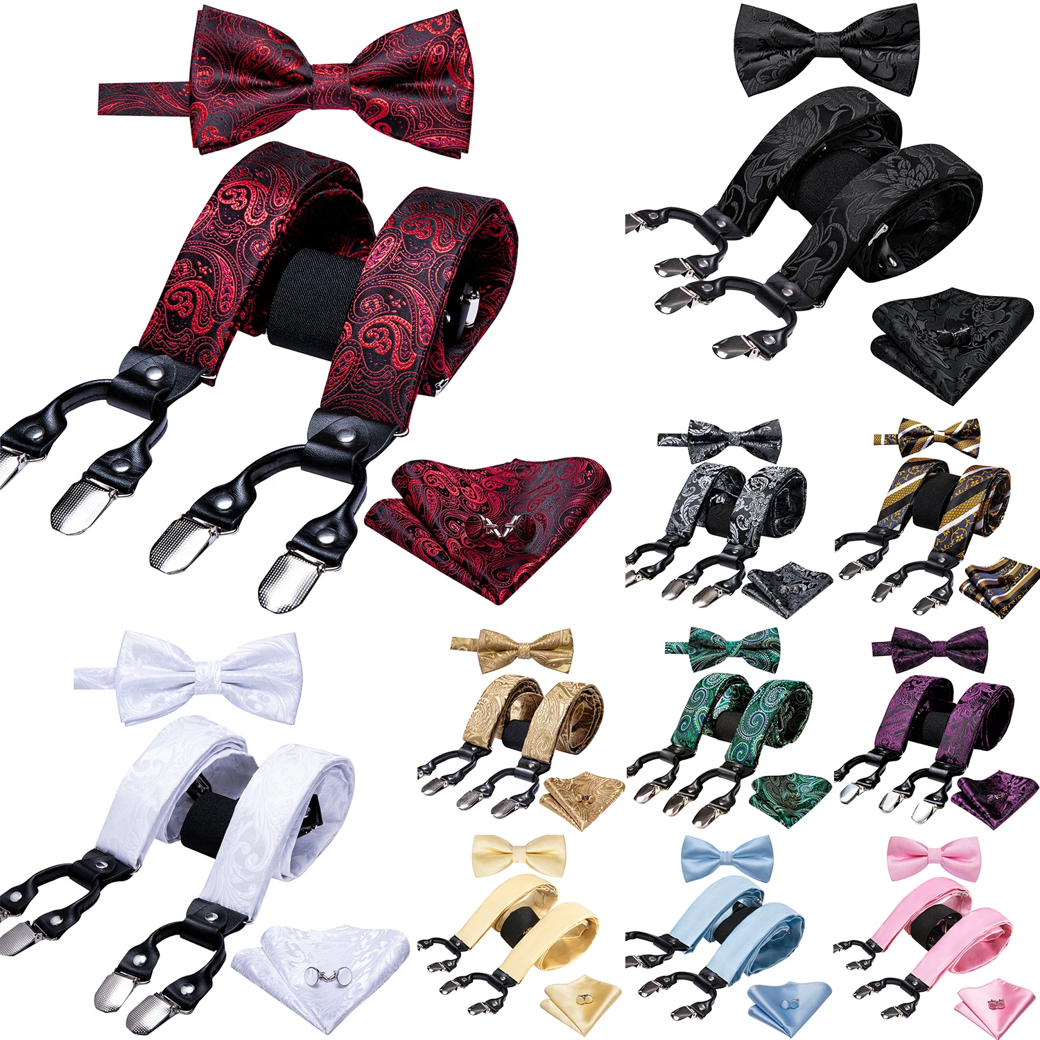 Barry.Wang Burgundy Black White Silk Mens Suspender Adjustable 6 Clips Jacquard Braces Bowtie Hanky Cufflinks Set Silver Gold