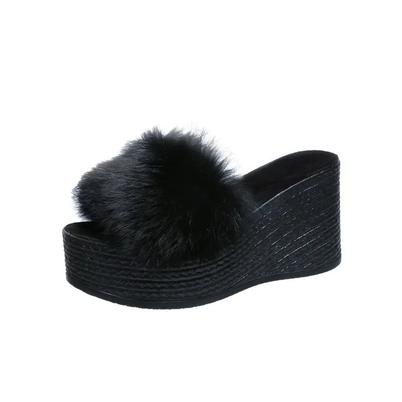 Chunky Platform Fur Slippers Women Summer Thick Bottom Furry Slippers Woman Plush Designer Shoes Slides Women Sandals Flip Flops