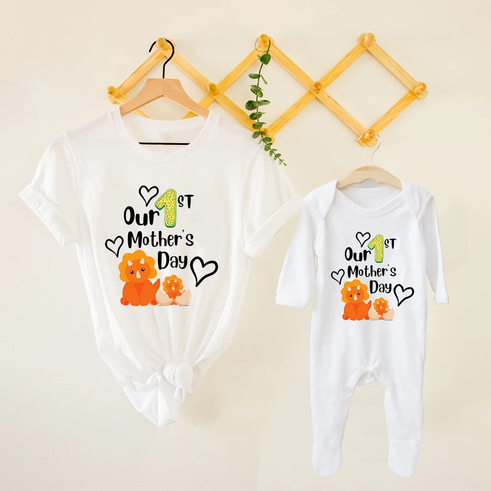 Our First Mothers Day Dinosaur Print Family Matching Shirt Mommy and Baby Clothes Mom T-shirt Babygrown Mother's Day Gifts