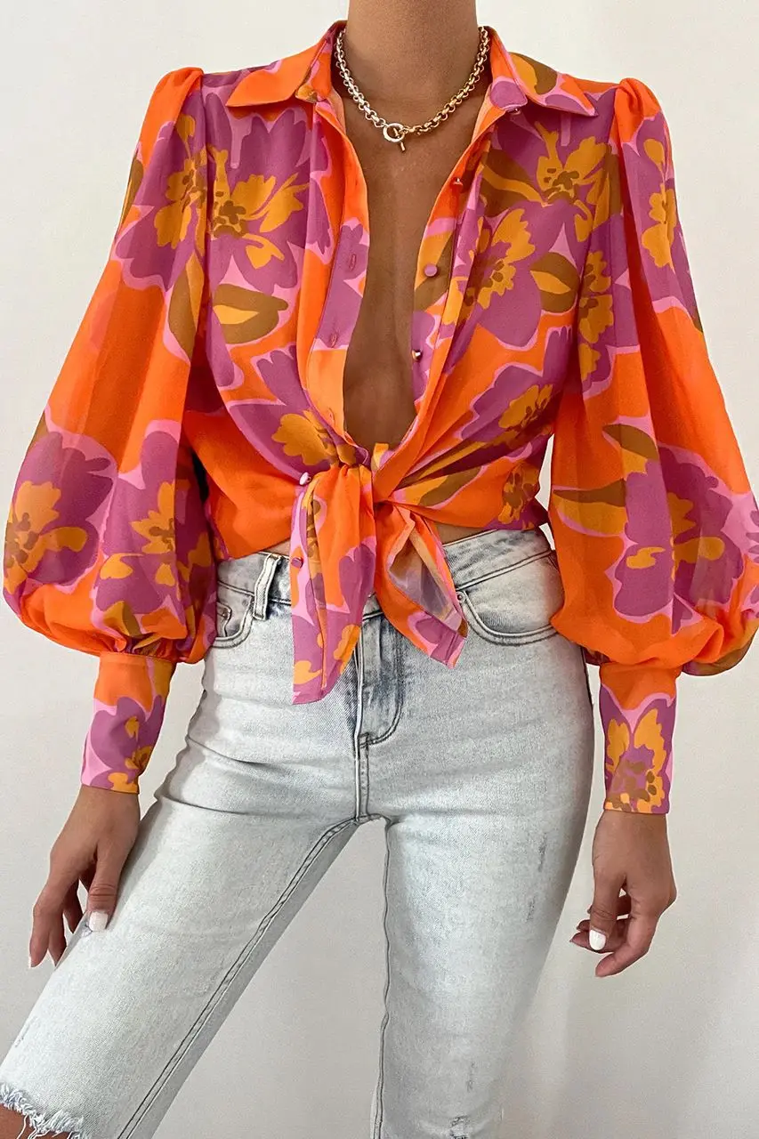 Vintage Floral Print Blouse Women Turn-down Collar Lantern Sleeve Shirt Elegant Boho Beach Streetwear Summer Outfits Female Tops