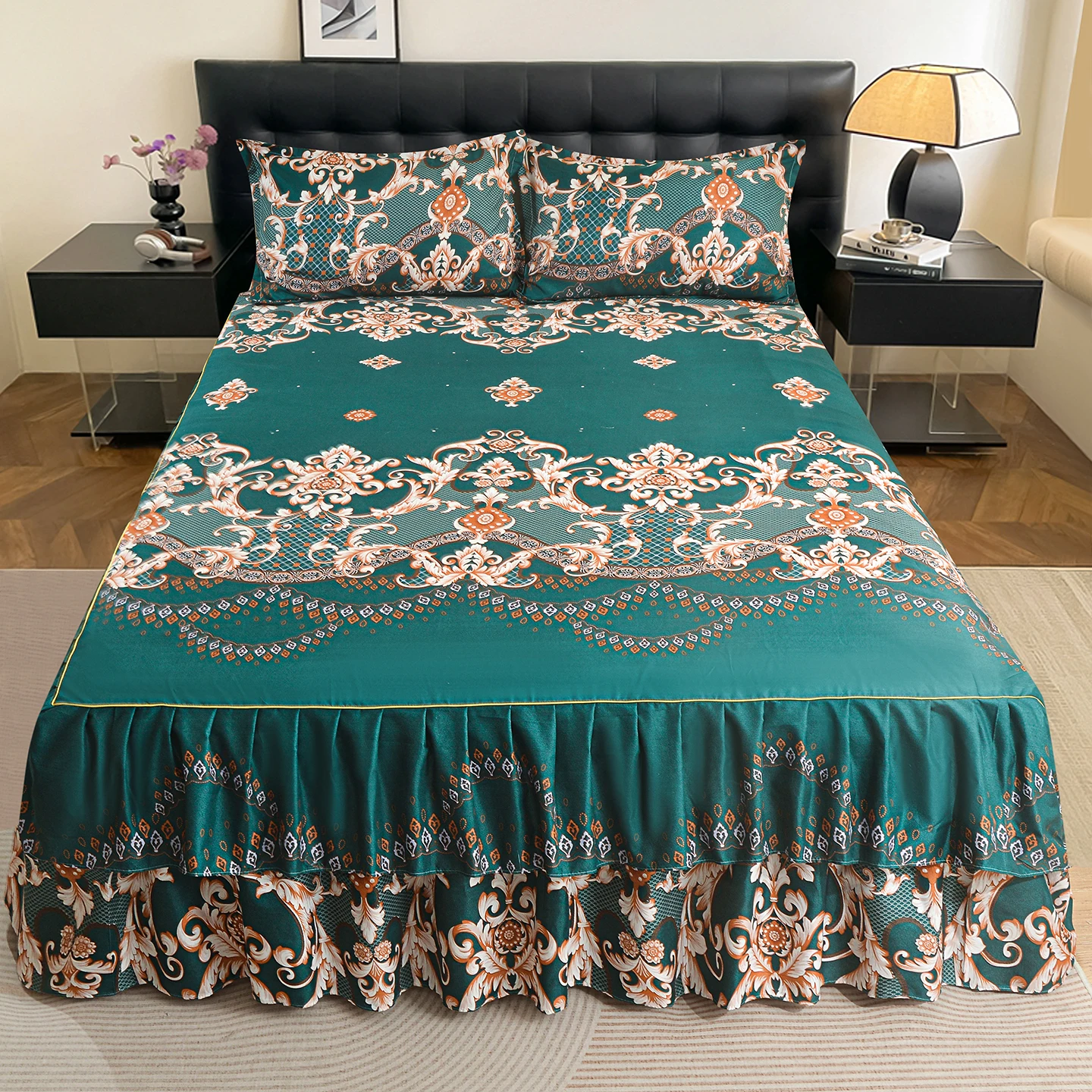 Juego de 3 piezas de colchas de cama estampadas, faldones de cama de encaje para cama matrimonial/individual/Queen/King, sábanas suaves, ropa de cama en oferta