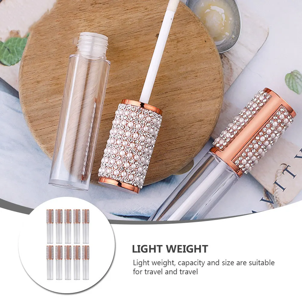 หลอดลิปกลอสเปล่า 10 ชิ้น ขนาด 5 มล. ภาชนะแก้วใสแบบเติมได้สำหรับทำลิปออยล์ เซรั่ม บาล์มเหลว พร้อมหัวแปรง