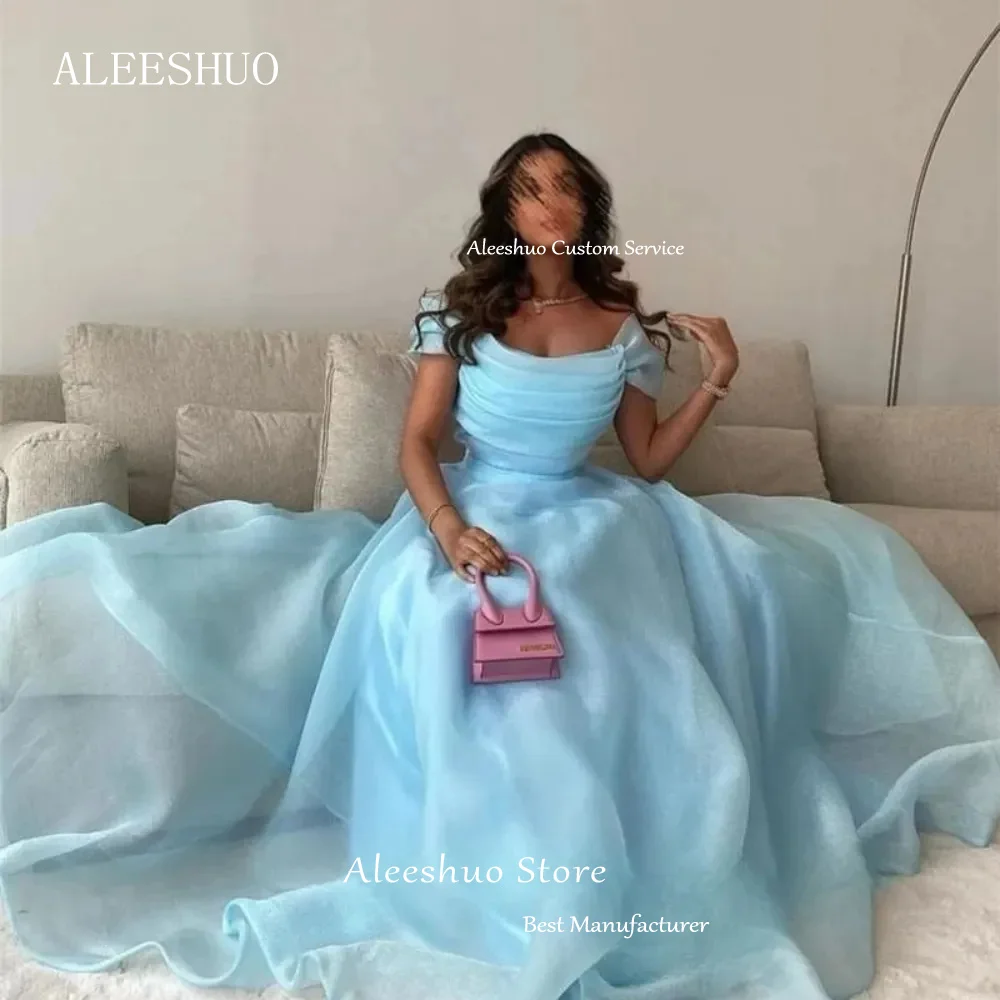 Aleeshuo Sky Blue Prom Dressess Organza Strapless Puffy Evening Dress Custom Simple A-line Pleat Saudi Arabia 2024