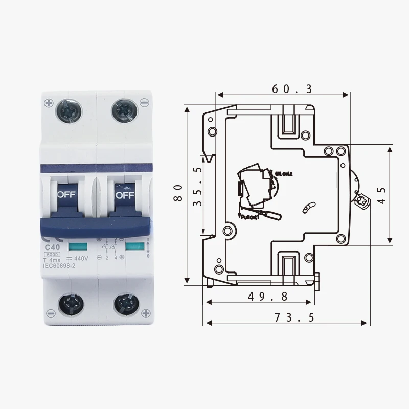 Solar Energy Photovoltaic DC Circuit Breaker PV Switch MCB DC 500V 16A 32A 40A 50A 63A Air Switch High Breaking Capacity 6KA