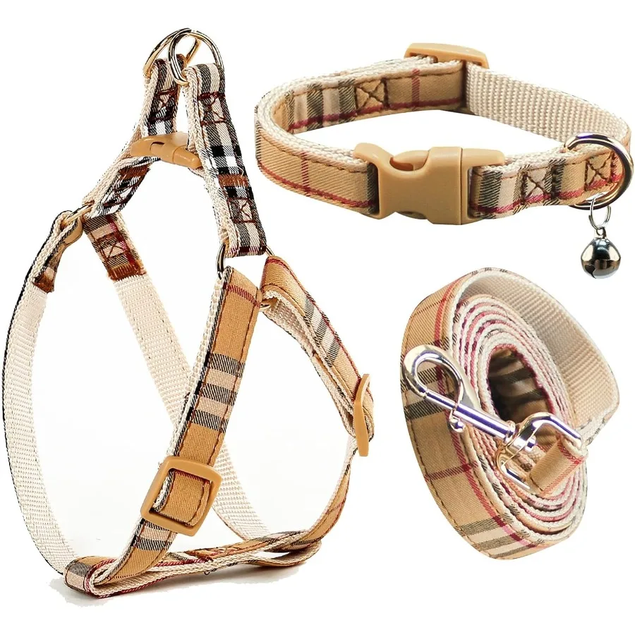Cute Plaid Dog Collar Harness and Leash with Safety Buckle Adjustable and No Pull Comfortable Dog Collars for Small Puppy Styli