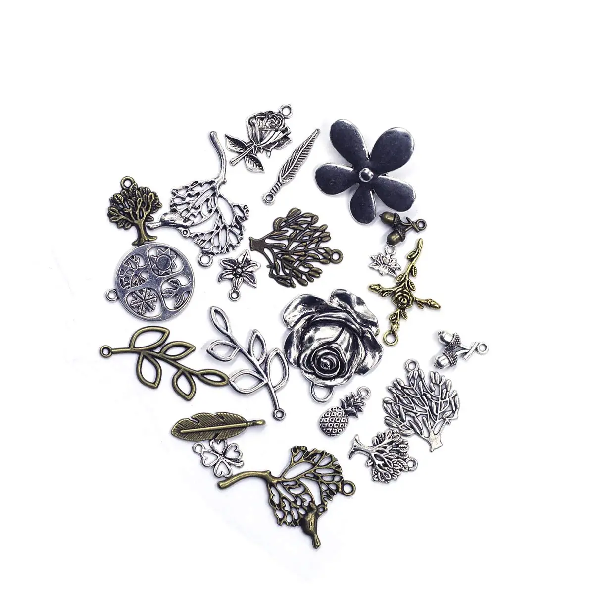 

100PCS Plant Theme Charm Pendants Mixed Flower Tree Grass Leaf 10-60mm DIY Crafts Gift Decoration Supplies Material Bag