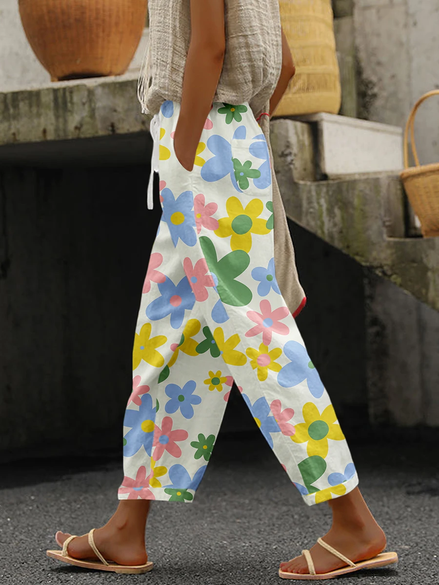 Damen-Hose mit buntem Blumenmuster, weites Bein, hohe Taille, lockere, lässige Hose mit Kordelzug, Boho-Sommer-Strandmode-Hose – Detail 1