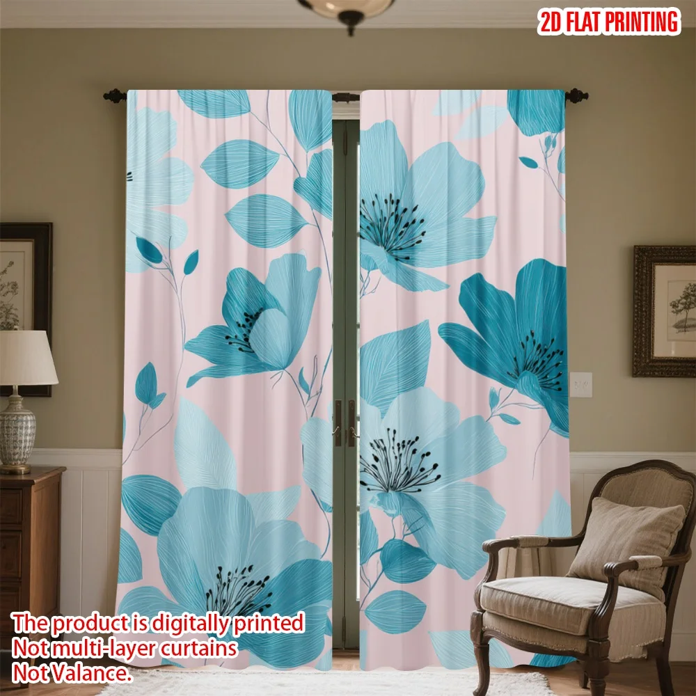 

2D flat printing 2pcs Curtain Blue Floral Elegance Digital Printed Polyester Drapes Seasonal Party & Holiday Decor Use for