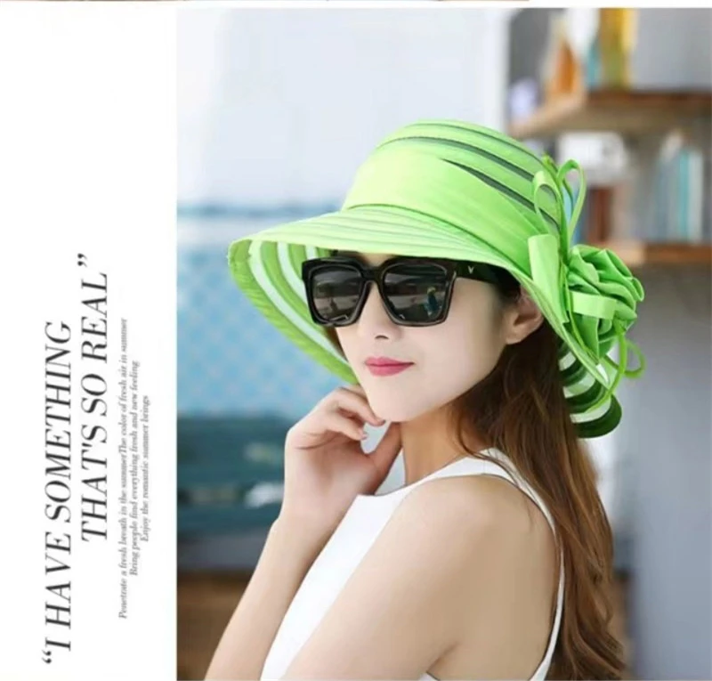 Women Organza Sun Hats Elegant Ladies Bucket Hat Wedding Church Party Hat Fashion Summer Wide Brim Big Floral Fedora Hat