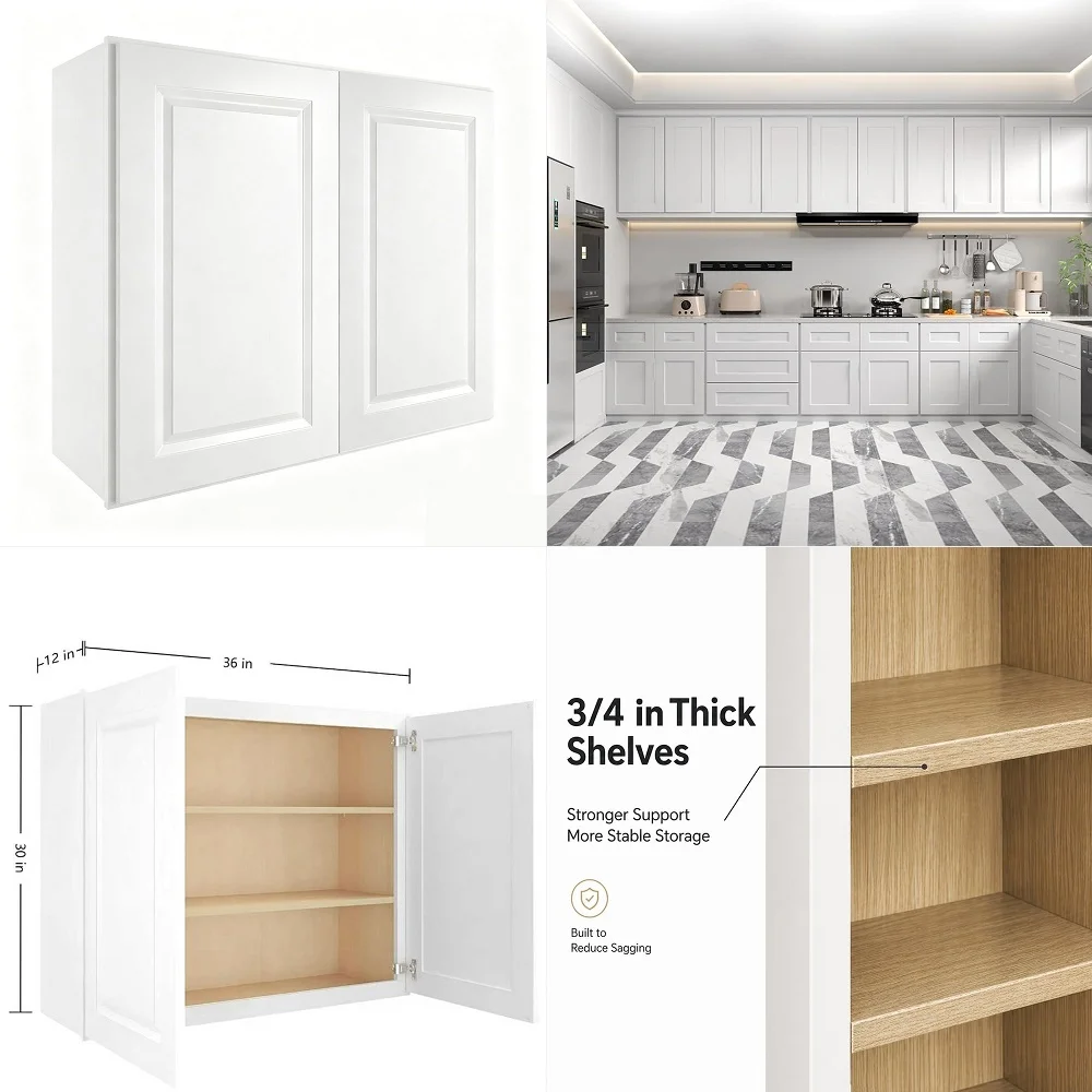 

Inch Kitchen Wall Cabinet, White Shaker RTA Wall Cabinet with Soft Close Double Doors, 2 Adjustable Shelves, 36 W x 12 D x 30 H