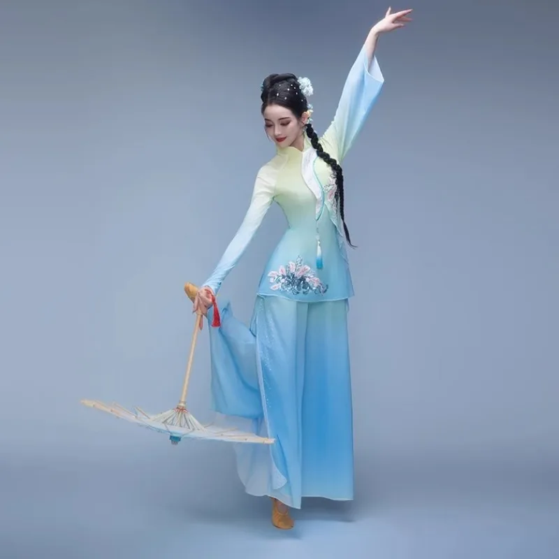 Strój Yangko Jiaozhou - Nowy taniec z wachlarzami - Elegancki taniec z parasolkami na egzaminach artystycznych - Strój taneczny dla kobiet Hanfu