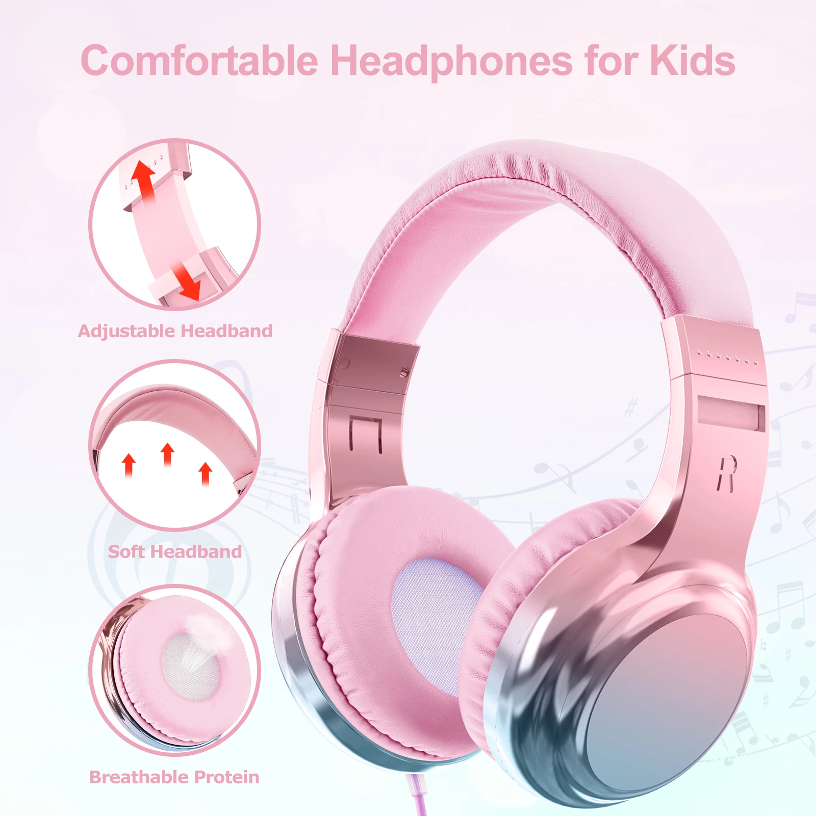 Kinder-Kopfhörer mit Kabel und Mikrofon, rosa Kopfhörer für Mädchen, verstellbares Stereo-Headset, Kinder-Kopfhörer für Reisen, Schule, Kinder,