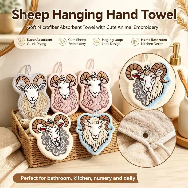Goat Shaped Hanging Hand Towel 3D Embroidered Machine Washable Soft Towel for Kitchen Bathroom Home Cleaning