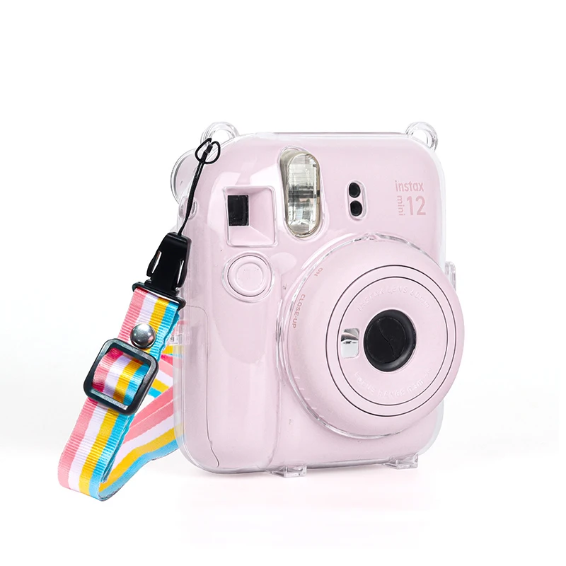 Instax mini 12用クリスタルクリアケース,カメラ保護ケース,ショルダーストラップ付き