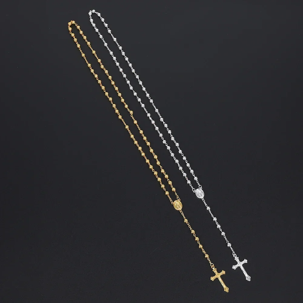 Gold Color Rosary Necklace For Women Men Long 6MM Beads Chain Crucifix Cross Pendant Religious Prayer Party Jewelry Gift