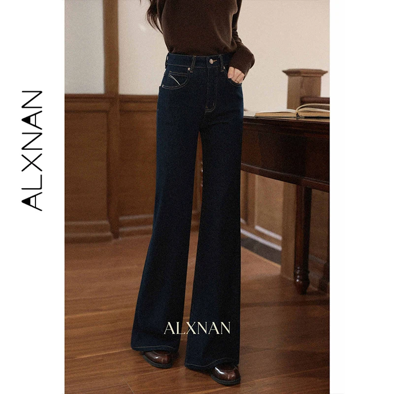

Женские расклешенные брюки ALXNAN, темно-синие, в стиле ретро, с высокой талией, вышивкой, прямые джинсы, новинка 2026 года, облегающие, для повседневной носки, женские джинсы L57821