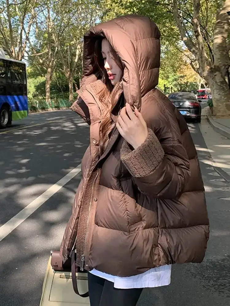 Women's Winter Thickened Down Cotton Jacket Lamb Fur Collar Loose Fit Fashionable Casual Style Polyester Fiber Filled