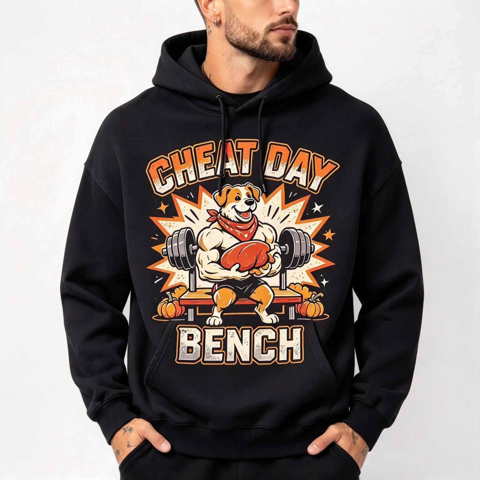 Funny Cheat Day Bench Dog Gym Print Hoodie For Men Cotton Casual Sweatshirt Graphic Streetwear Hooded Clothes Soft Male Top