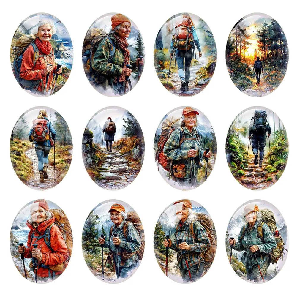 Random Mixed Round/Oval/Square Elderly Hiking Lady Mountain Wild Photo Glass Cabochon Flatback Demo Cameo For Diy Jewelry Making