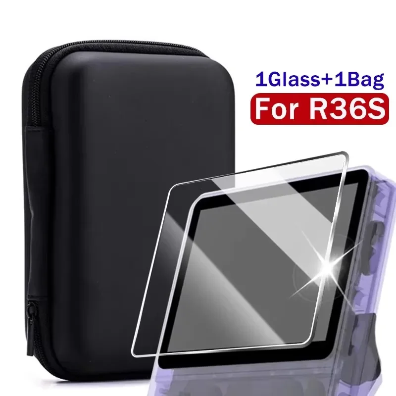 4-in-1-Hülle + Glas für die R36S-Spielekonsole, Reise-Aufbewahrungstasche und Displayschutzfolien aus gehärtetem Glas für R36S-Zubehör