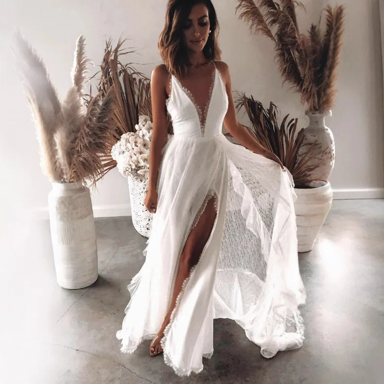 Weißes Netz-Spitzenkleid mit V-Ausschnitt und Rückenfreiem Design, Elegantes und Sexy Kleid für Geburtstagsfeiern, Hochzeiten und Abendessen. – Detail 4