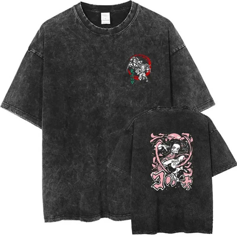 New Women Washed Vintage Anime Demon Slayer Graphic Print T-Shirts Harajuku Tshirt Fashion Tops Hip Hop Tees Harajuku T-shirts