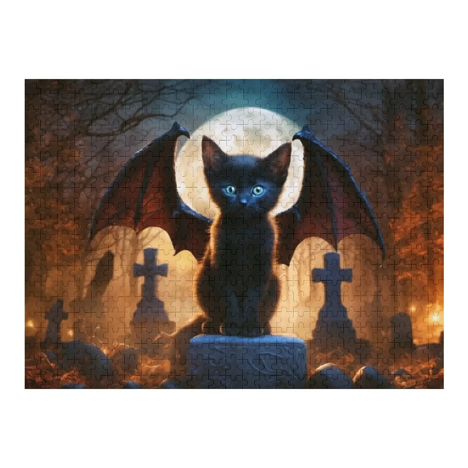 

A Black Dragon Kitten Sitting in a Graveyard Jigsaw Puzzle Diorama Accessories Personalized Gift Iq Puzzle