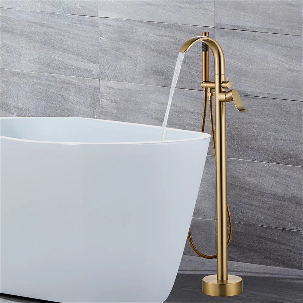 Brushed Gold Bathtub Faucet Set Floor Decked Brass Black Waterfall Bathtub Mixer Morden Style Gold Bathroom Taps