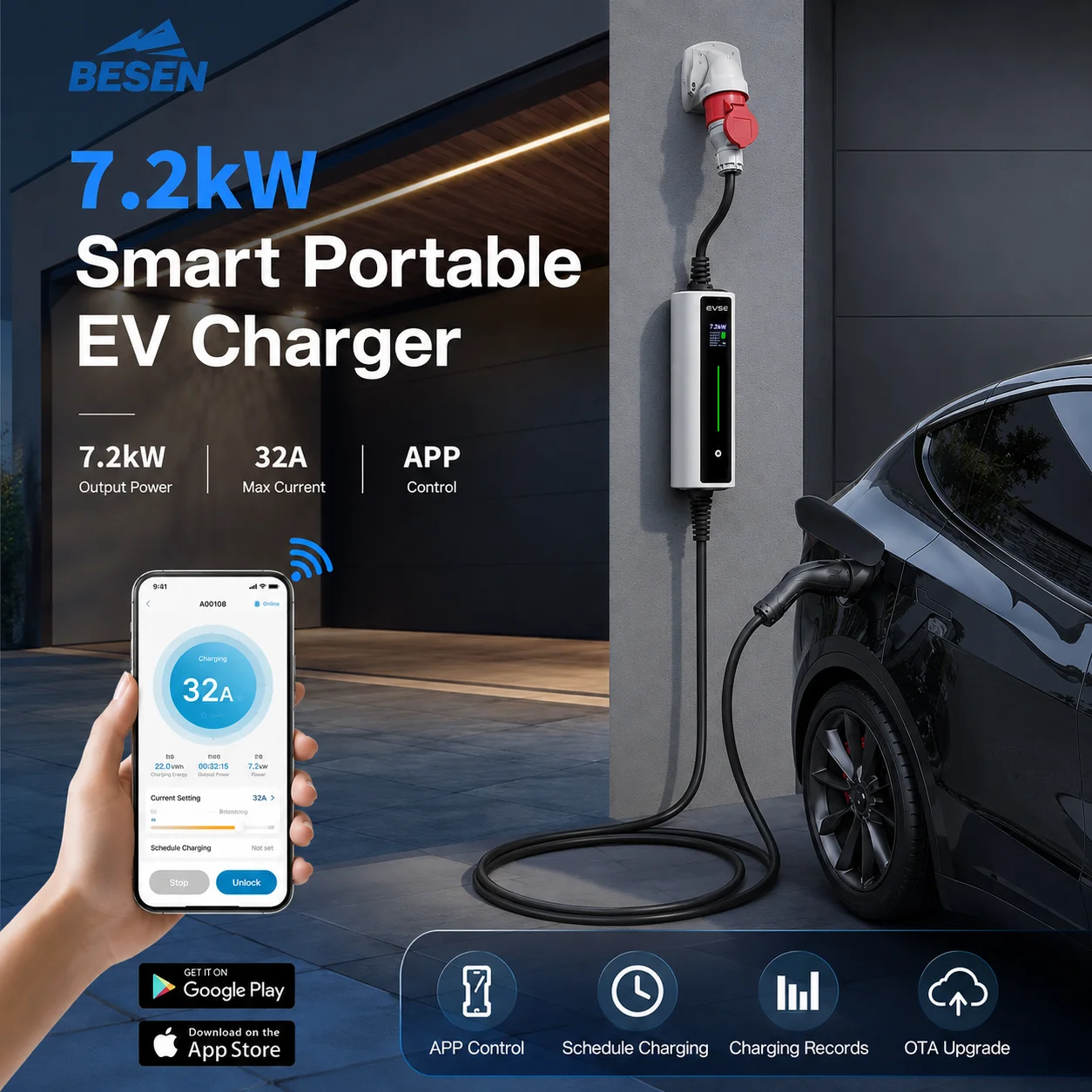 WIFI 32A 7.2kW EV Charger Portable 110V-240V With LCD Display Compatible ALL EVs