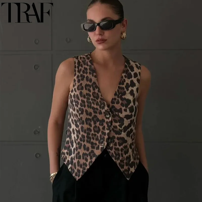 TRAF Leopard Women Vest Vintage Sleeveless Vest Woman Outerwears Animal Print Cropped Suit Vest V Neck Waistcoat Short Coats