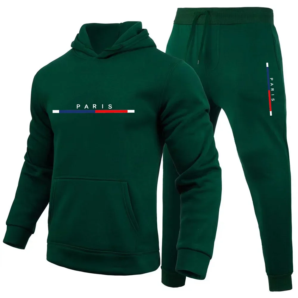 Paris Print, Men\'s 2Pcs Outfits, Casual Hoodies Long Sleeve Pullover Hooded Sweatshirt and Sweatpants Joggers Set for Spring Fal