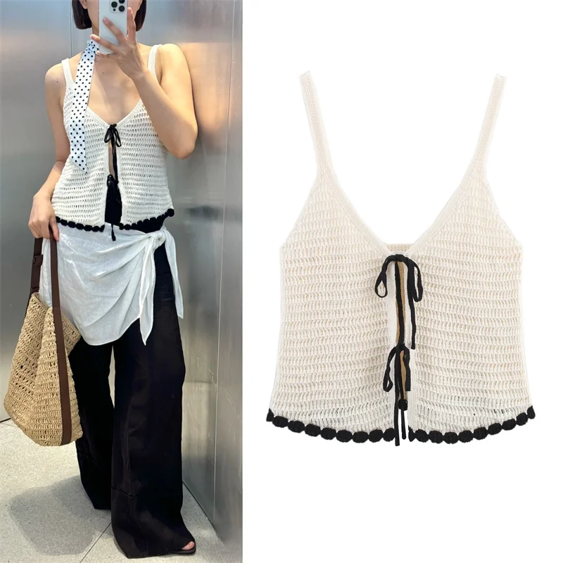 

Women's Blouse New Summer 2025 Knitted Camisole Sexy V-Neck Design Bow Decoration Design Personality and fashion