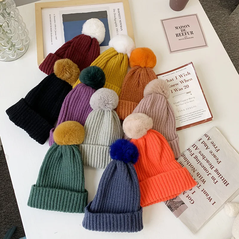 1 Piece Warm Kids Beanie for Boy Girl Chic Simplicity Candy Color Knitted Hat for Toddler Autumn Winter Fury Plush Baby Beanie