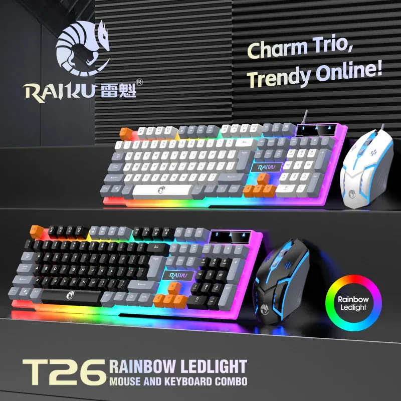 Teclado único e teclado mouse RAIKU T26 Teclado luminoso de três tons Mouse com fio Mecânico Touch Gaming Mouse Conjunto de teclado