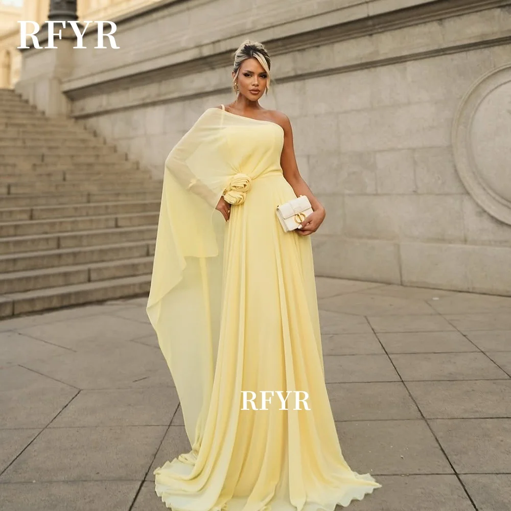 

RFYR Yellow Prom Dress One Shoulder Princess Dress with 3D Flowers Chiffon Party Dress for Arabic Women Customized
