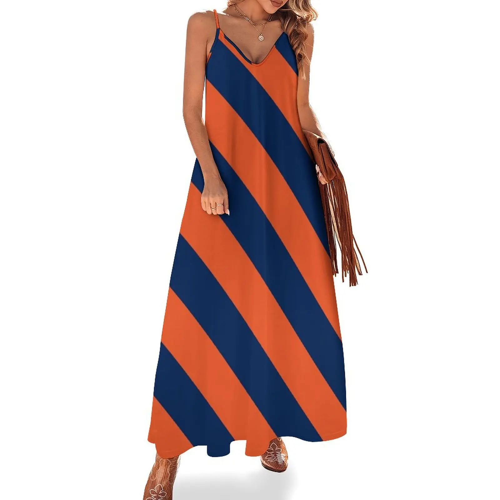 

Diagonal Stripes: Orange & Navy Blue Sleeveless Dress birthday dress elegant party dress for women 2025