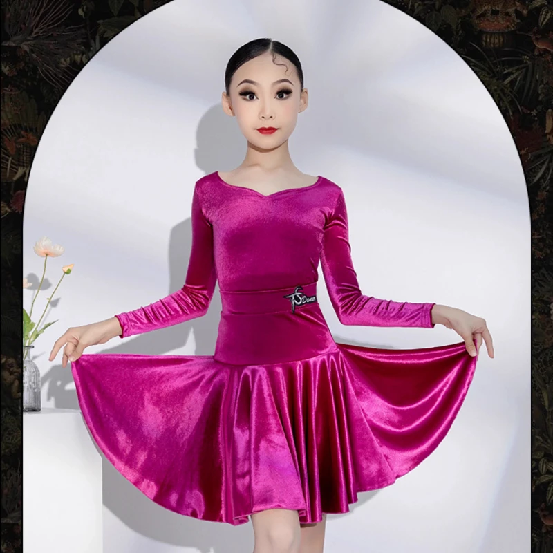 Abito da competizione per regole di danza latina, abito da spettacolo per ragazze, abito da ballo latino a maniche lunghe autunno e inverno, set per bambini