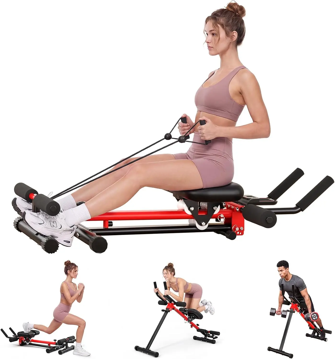 2-in-1 Adjustable Ab Machine for Home Workouts Combining Crunches Rowing Roman Chair Exercises with Foldable Steel Frame and LCD Monitor