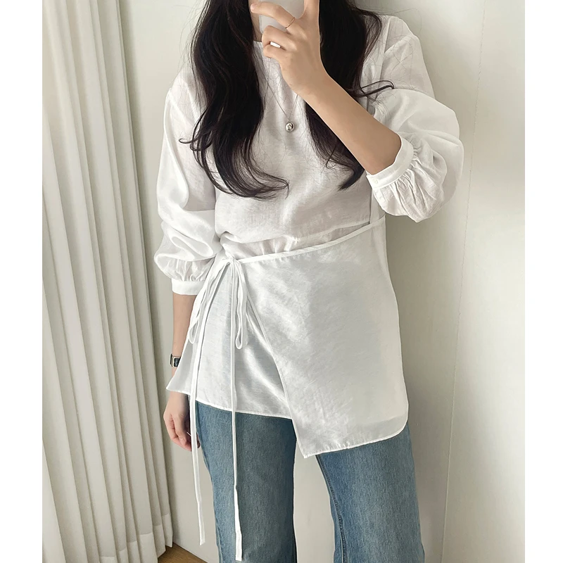 

3Color Summer 2025 Korean Style Faux Two Pieces O Neck Long Sleeve Shirt Loose Thin Blouse Female Outwear tops (w1345